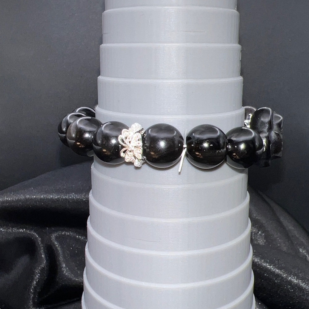 High Quality Silver Sheen Obsidian Stretch Bracelet HANDMADE Double Sided Flower - Picture 6 of 12